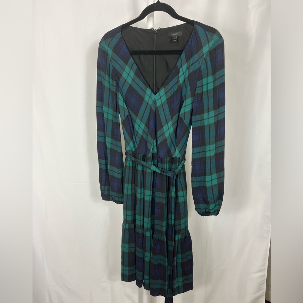 J Crew Drapey Dress 12T Womens Green Blue Plaid Long Sleeves Black Watch Tartan